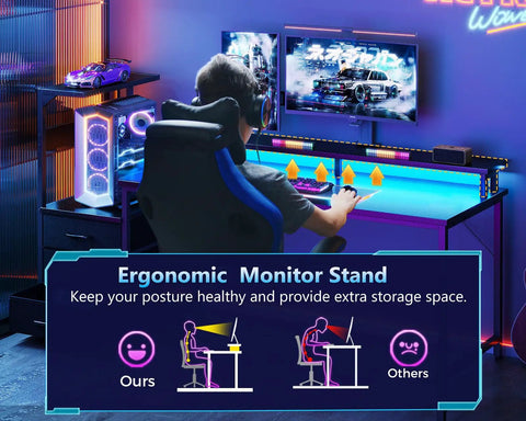 Gamer using 59 Inch Gaming Desk With LED Lighting, Reversible Computer Desk With Storage Shelves And Monitor Stand, Black