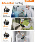 Pro Grade HVLP Auto Paint Spray Gun Knocking Out Slick Glass Finish With Precision Micron Atomization For Quick Garage Hot Rod Touch Ups Featuring Ten Spill Proof Disposable Cups For Stress Free Weekend Wrenching showing 1.3mm, 1.5mm and 1.7mm spray caps and applications.