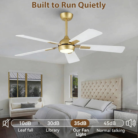 52 Inch White Gold Ceiling Fan With Light And Remote DC Motor 6 Speeds Reversible Dimmable 3CCT LED over modern bedroom
