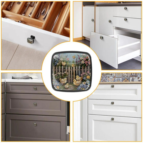 Four Pack Square Cabinet Knobs For Kitchen And Bath Spring Flower Chick Fence Style Drawer Pulls In Black Durable ABS And Glass Easy Install For Dressers Cabinets Cupboards And Wardrobes installed on cabinets.