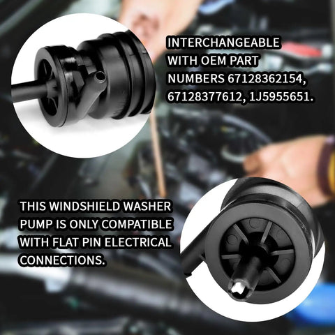 Heavy Duty Windshield Washer Fluid Pump With Mounting Grommet Straight Swap Fit Auto Replacement For Bmw Mercedes Benz black pump with flat pin electrical connections.