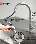 Solid Stainless Steel Kitchen Sink Faucet With Pull Down Sprayer And Brushed Nickel Finish, 18" hose in use, 360° swivel.
