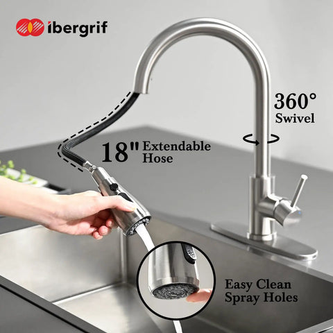Solid Stainless Steel Kitchen Sink Faucet With Pull Down Sprayer And Brushed Nickel Finish, 18" hose in use, 360° swivel.