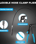 Professional hose clamp pliers with long-reach flexible cable, locking mechanism, and blue rubber handles.