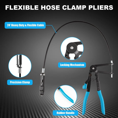 Professional hose clamp pliers with long-reach flexible cable, locking mechanism, and blue rubber handles.