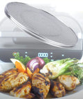 Top Notch Stainless Steel Splatter Shield For 5 In 1 Indoor Grill And Air Fryer above grilled food and vegetables.