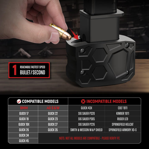 Demonstration of inserting a bullet into a 9mm Speed Loader For Quick Magazine Reloads Pain Free Handling Smooth Feeding No Jamming Compatible With 9mm And 40 S W Compact Design For All 9mm Stack Magazines Easy To Use And Range Ready.