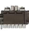 Six-spool hydraulic directional control valve, side view, with two joystick controls and SAE ports