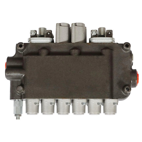 Six-spool hydraulic directional control valve, side view, with two joystick controls and SAE ports