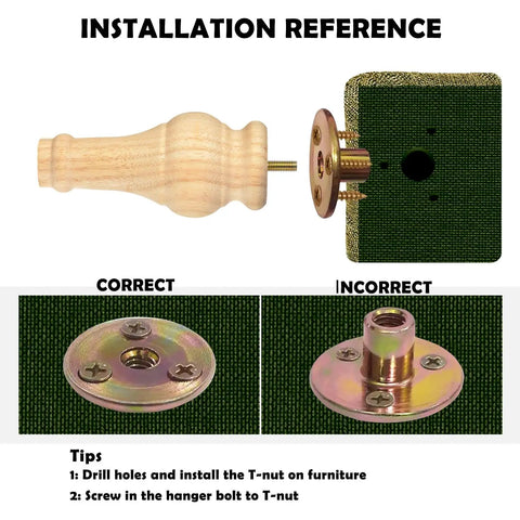 Installation guide for 6 Inch Wooden Furniture Legs Bun Feet Set Of 4 With M8 Bolt Recessed Mounting, correct and incorrect examples