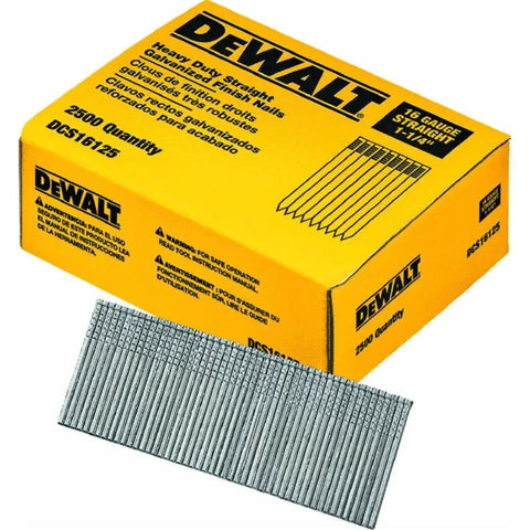 Finish Nails One And One Quarter Inch Sixteen Gauge Straight For Window And Door Casings Cabinets And Furniture Hardwood Flooring Interior Use Only Two Thousand Nails Pack Pro Grade All Purpose DIY Ready, box and nails displayed.