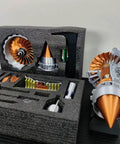 Trent 900 Simulated Turbofan Aircraft Engine Model Kit With LED Light DIY Assembly visible in open packaging with brass parts
