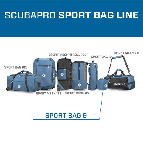 Scubapro Sport Bag line featuring various blue dive bags, including Sport Bag 9 with top handle, ideal for scuba gear storage.