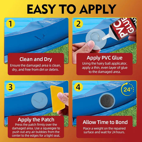 Waterproof Air Mattress Patch Repair Kit With 60ml PVC Glue application steps: clean area, apply glue, add patch, bond for 24 hours.