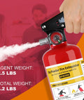 Two Pack 2.5 Lb Dry Chemical Fire Extinguishers 1A 10B C For Home Office Boat And Truck With Quick Release Handle Ideal For Electrical And Grease Fires In Cold Weather From Minus 22F To 140F With 6 Year Shelf Life being discharged in an indoor setting.