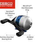 Close-up of the Salt Fisher 33 Spincast Reel, showing blue and silver design, with labeled features for saltwater inshore fishing.