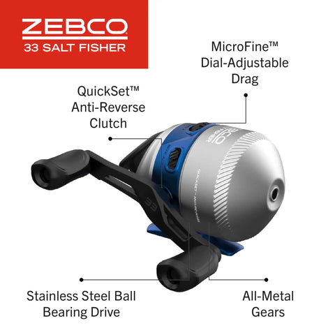Close-up of the Salt Fisher 33 Spincast Reel, showing blue and silver design, with labeled features for saltwater inshore fishing.