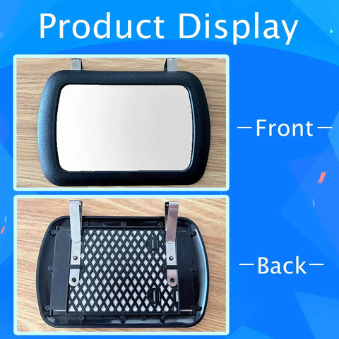 Front and back view of Clip On Car Sun Visor Mirror Universal Fit HD Vanity Mirror with glass lens and stainless steel clips.