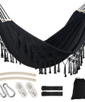 Ultra Sturdy Double Hammock With 550 Pound Capacity, 320GSM Canvas, tassels and fishtail knit, with outdoor accessory set, black