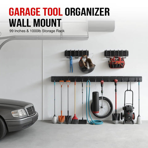 Garage with 99-Inch heavy-duty wall mount holding rakes, brooms, and gear, maximizing wall space for tools, 1000 lbs capacity