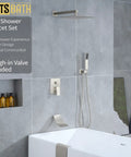 All-In-One Tub And Shower Faucet Set In Brushed Nickel With 12-Inch Rainfall Shower Head Waterfall Tub Spout And Rough-In Valve Complete Bath Trim Kit For An Easy, No-Brainer Upgrade in modern bathroom setting