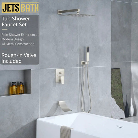 All-In-One Tub And Shower Faucet Set In Brushed Nickel With 12-Inch Rainfall Shower Head Waterfall Tub Spout And Rough-In Valve Complete Bath Trim Kit For An Easy, No-Brainer Upgrade in modern bathroom setting