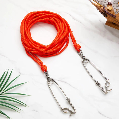 Spearfishing Float Line 100 Ft Orange Foam Filled Braided Polypropylene Tow Rope Pro Grade One Quarter Inch Diameter With Five Point Nine Inch Rotating Stainless Clamps And Stainless Hooks