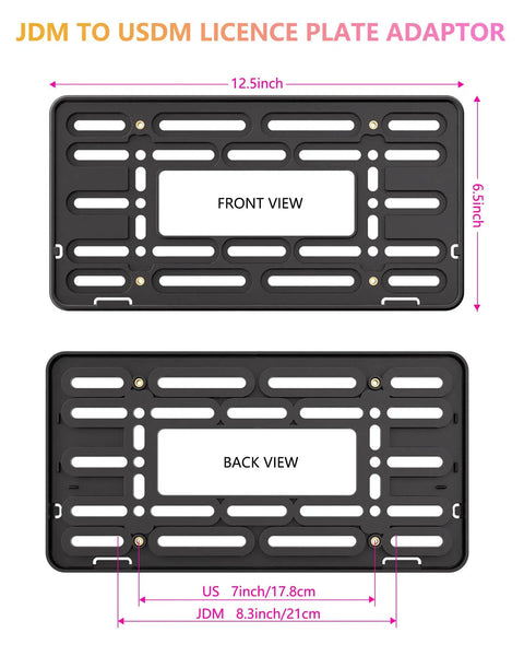 Front License Plate Holder Bracket Upgraded Black Universal ABS Mounting Kit Frame With Raised Edge And Screws front and back view