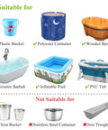 Image showing suitable and not suitable containers for Powerful 1500W Immersion Water Heater For Buckets Or Tubs