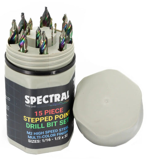 15 Piece Stepped Point HSS Drill Bit Set 1/16 To 1/2 Inch Round Case 135 Degree Step Point Split Point Tips No Pilot Hole Needed