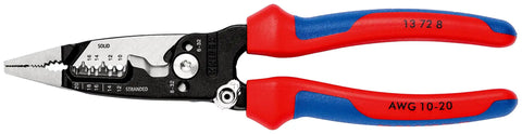 Pro Grade Multifunction Wire Stripper Pliers For Electricians with ergonomic blue and red handles, eight inch tool for stripping and crimping.