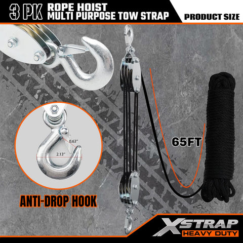 Beefy Heavy Duty Rope Hoist Kit With 4000 Lb Break Strength 65 Ft Poly Rope Includes Two 8 Ft Slings With 1 Inch Web Slings