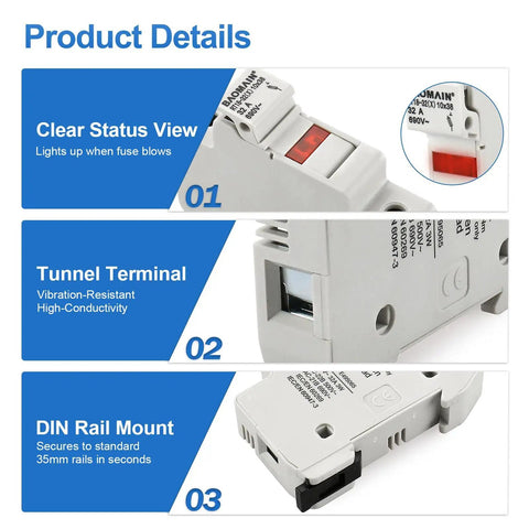 5 Pack RT18 32 X 1P DIN Rail Fuse Holder 32A 690V AC with LED Indicator Light showing close-up of LED, terminal, rail mount