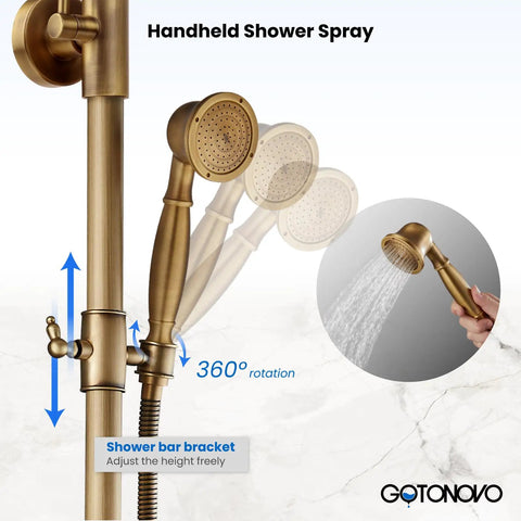 Exposed Bathroom Shower Faucet Set With 8 Inch Rainfall Shower Head And Handheld Shower, shown with cross handle control