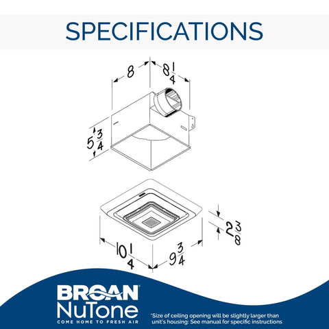 Dimensions diagram for Bluetooth Speaker Ventilation Fan With LED Light For Bathrooms And Rooms, 80 CFM Exhaust, 2.5 Sones.