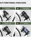 Multi-functional fixed base for 5L Waterproof Bike Fork Bag For Mountain And Road Bikes Front Pannier Dry Bag With Roll Top Closure Durable TPU Or PVC Material Rainproof Riding Gear For Daily Commutes And Weekend Adventures, showing various items like kettles and water bottles in brackets on bike forks.