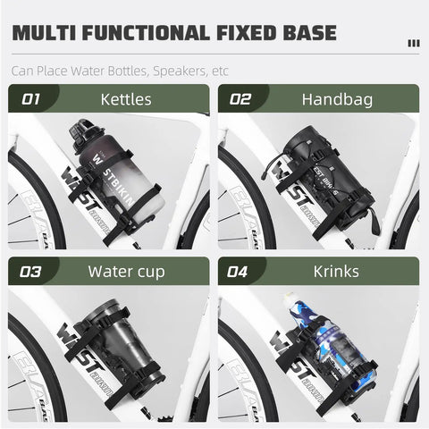 Multi-functional fixed base for 5L Waterproof Bike Fork Bag For Mountain And Road Bikes Front Pannier Dry Bag With Roll Top Closure Durable TPU Or PVC Material Rainproof Riding Gear For Daily Commutes And Weekend Adventures, showing various items like kettles and water bottles in brackets on bike forks.