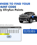 Diagram showing where to find paint code for GMC vehicles, featuring a GMC truck and paint code information card.