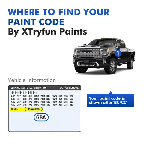 Guide to finding your paint code on GMC vehicle, featuring an example of a paint label and a truck with instructions by XTryfun Paints.