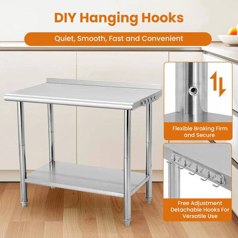 36 By 24 Inch NSF Stainless Steel Prep Table With Hooks And Three Stage Adjustable Shelf For Commercial Kitchen Or Workshop