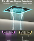 GRANDJOY 20" LED Shower System with Handheld Spray, Matte Black, features rainfall and waterfall modes with LED lighting.