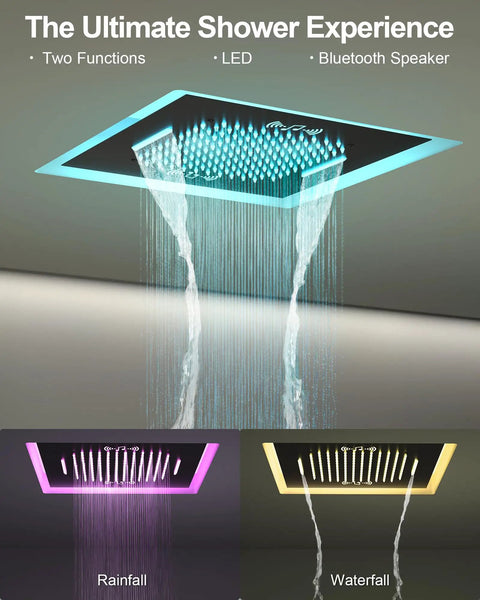 GRANDJOY 20" LED Shower System with Handheld Spray, Matte Black, features rainfall and waterfall modes with LED lighting.
