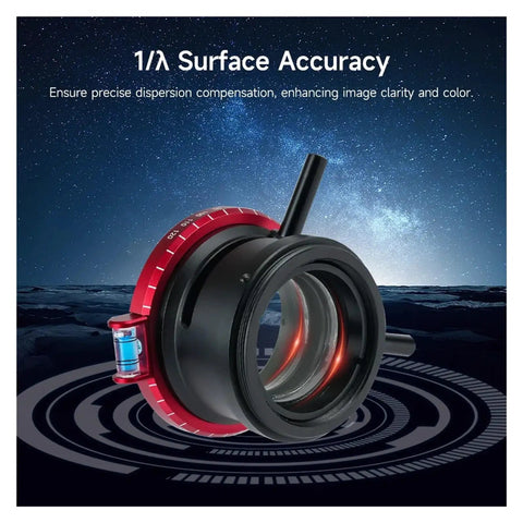 Atmospheric Dispersion Corrector for 1.25 inch telescopes with universal interface, shown with alignment tools and night sky background.