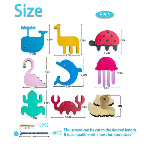 8 Pack Ocean Sea Animal Wooden Cabinet Knobs Set With Tiny Turtle Decor For Nursery And Kids Rooms, size chart view