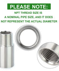 Stainless Steel Nipple Pipe Fittings 3/8 NPT Male X 3/8 NPT Female, showing internal and external thread details, 2 Pack 304 Stainless