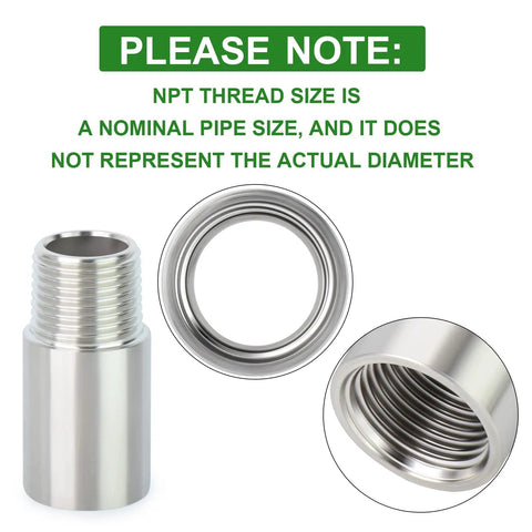Stainless Steel Nipple Pipe Fittings 3/8 NPT Male X 3/8 NPT Female, showing internal and external thread details, 2 Pack 304 Stainless