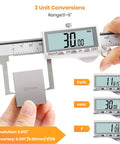 Digital Brake Caliper For Disc Rotor Measurement With Large LCD Screen 6 Inch Stainless Steel Vernier Caliper Tread Depth Gauge And Storage Case One Touch Unit Conversion For F mm In displayed showing 3 unit conversions
