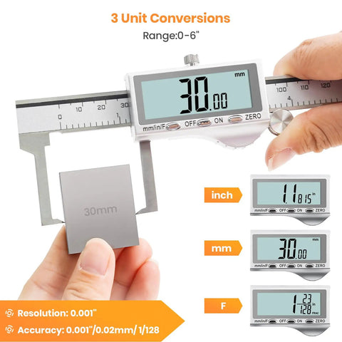 Digital Brake Caliper For Disc Rotor Measurement With Large LCD Screen 6 Inch Stainless Steel Vernier Caliper Tread Depth Gauge And Storage Case One Touch Unit Conversion For F mm In displayed showing 3 unit conversions