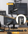 XLR Dynamic Podcast Microphone With Cardioid Pickup featuring built-in double layer pop filter on a desk with audio equipment.