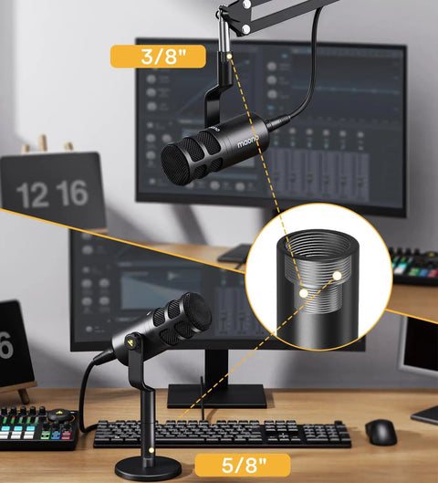 XLR Dynamic Podcast Microphone With Cardioid Pickup featuring built-in double layer pop filter on a desk with audio equipment.